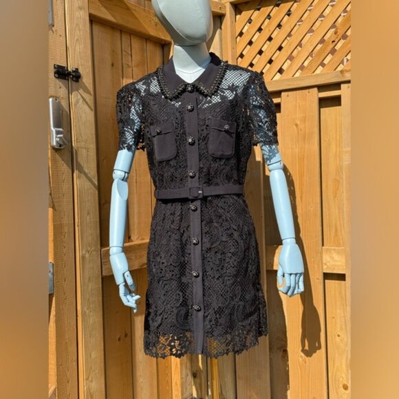 🆕 SELF PORTRAIT 🧿 NWOT Black Lace Button Front Mini Dress, Sz UK 14 US 10 - Picture 3 of 16